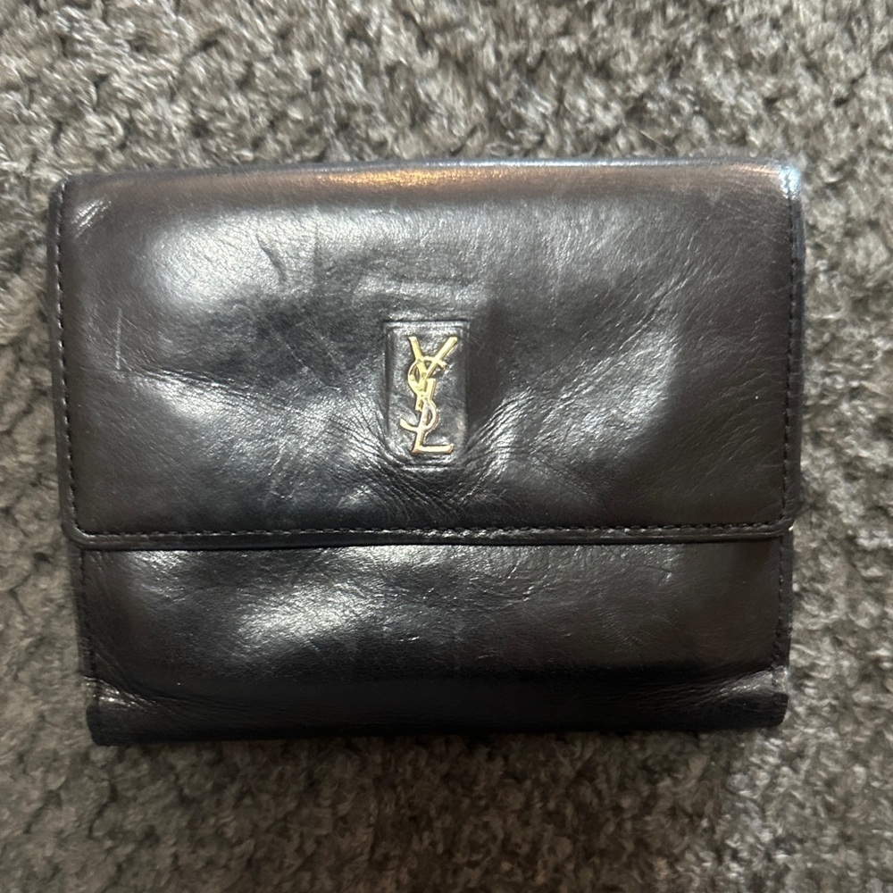 Saint Laurent Black Leather Fold Wallet with Gold YSL Emblem